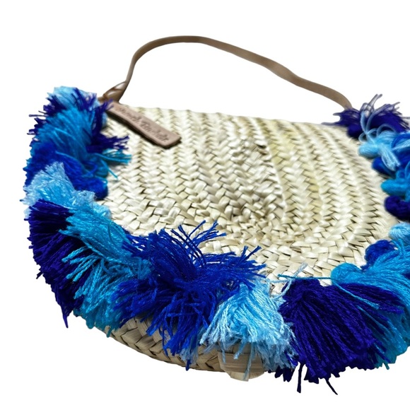 French Baskets Straw Purse Pom Pom Blue Latch Crossbody Beach Handmade New Tag - Picture 7 of 11